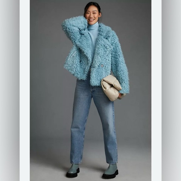 Glam Anthropologie-Faux Fur Jacket in a beautiful blue.Size M but is oversized. - Picture 5 of 12